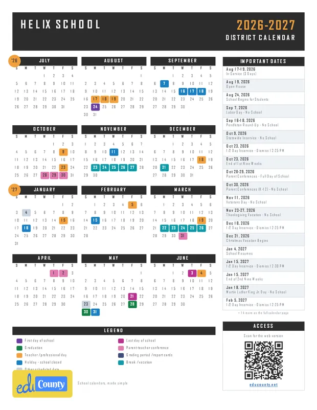 Helix School printable 2026-27 calendar