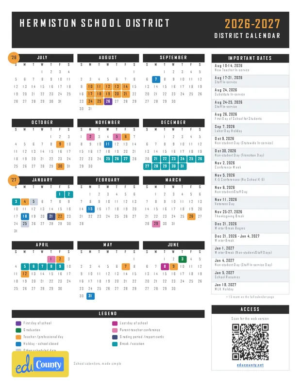 Hermiston School District printable 2026-27 calendar