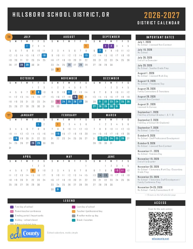 Hillsboro School District printable 2026-27 calendar