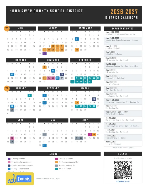 Hood River County School District printable 2026-27 calendar