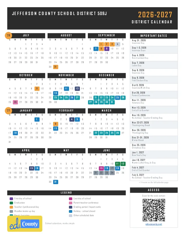 JEFFERSON COUNTY SCHOOL DISTRICT 509J printable 2026-27 calendar