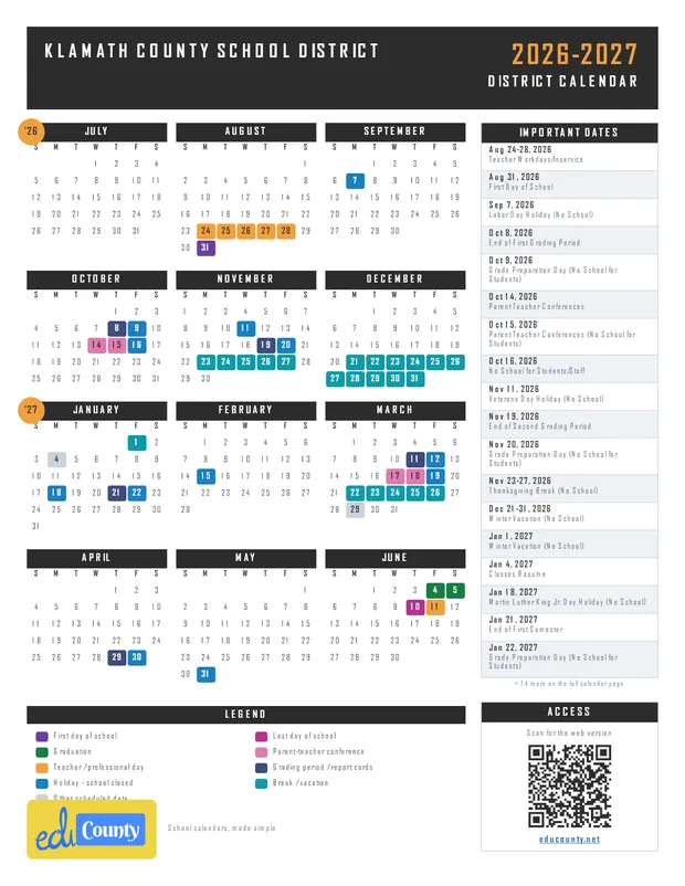 Klamath County School District printable 2026-27 calendar