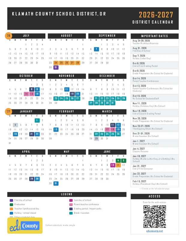 Klamath County School District printable 2026-27 calendar