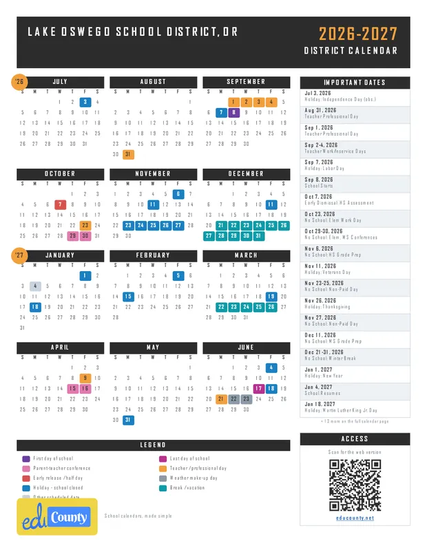 Lake Oswego School District printable 2026-27 calendar