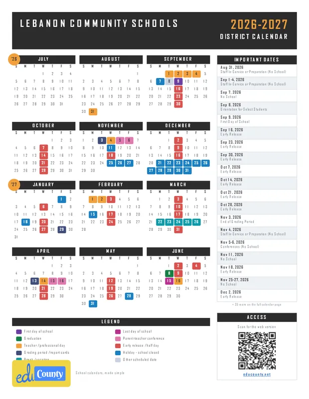 Lebanon Community Schools printable 2026-27 calendar