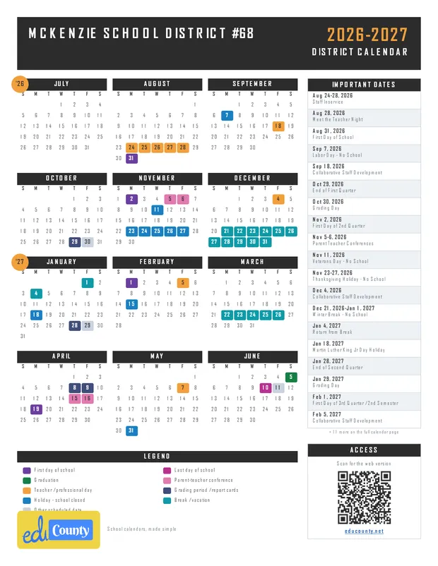 McKenzie School District #68 printable 2026-27 calendar