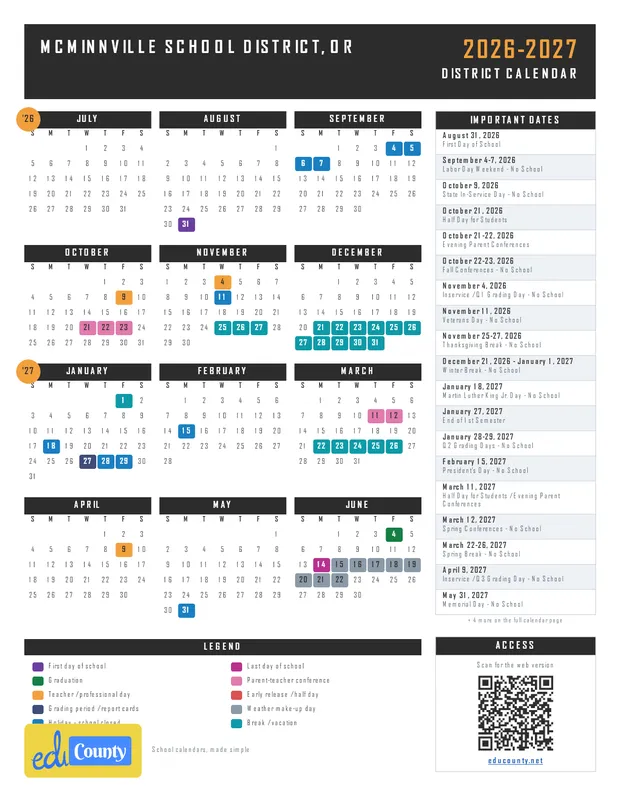 McMinnville School District printable 2026-27 calendar