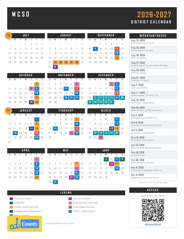 MCSD printable 2026-27 calendar