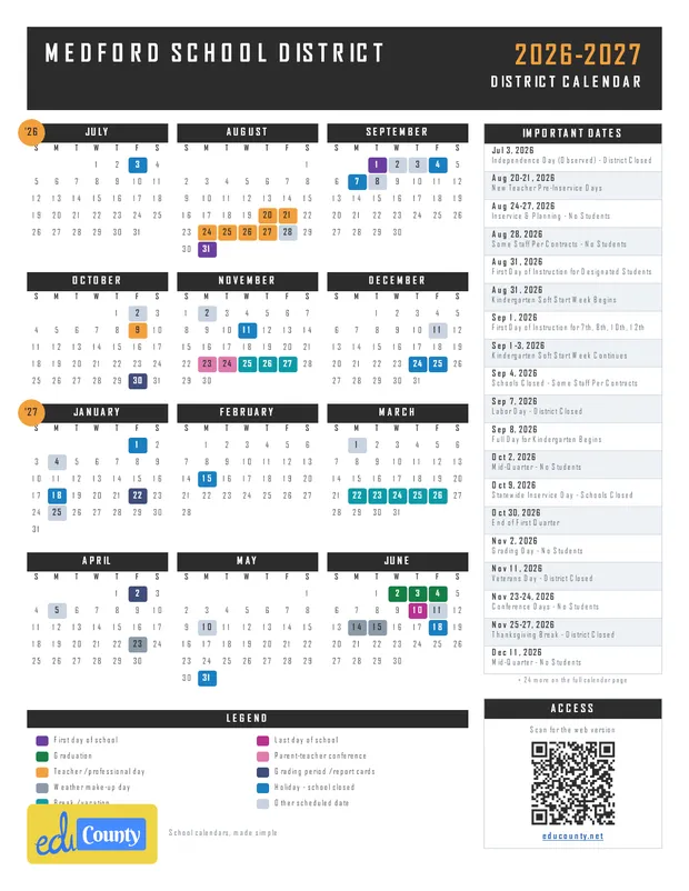 Medford School District printable 2026-27 calendar