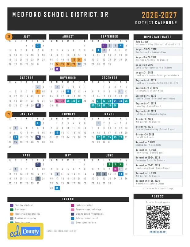 Medford School District printable 2026-27 calendar