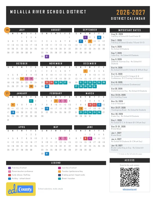 Molalla River School District printable 2026-27 calendar