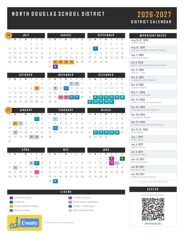 North Douglas School District printable 2026-27 calendar
