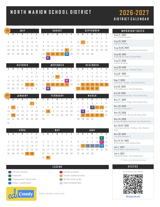 North Marion School District printable 2026-27 calendar