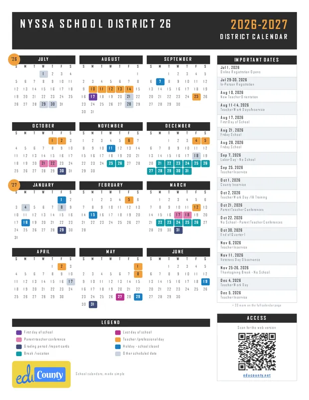 Nyssa School District 26 printable 2026-27 calendar