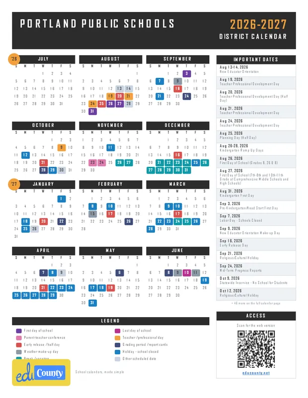 Portland Public Schools printable 2026-27 calendar