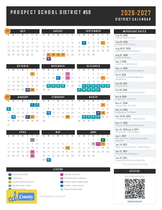 Prospect School District #59 printable 2026-27 calendar