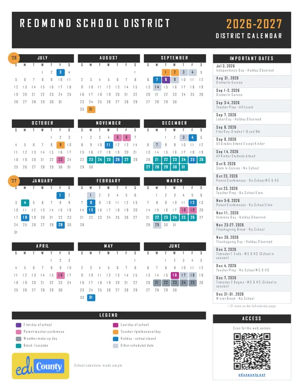 Redmond School District printable 2026-27 calendar
