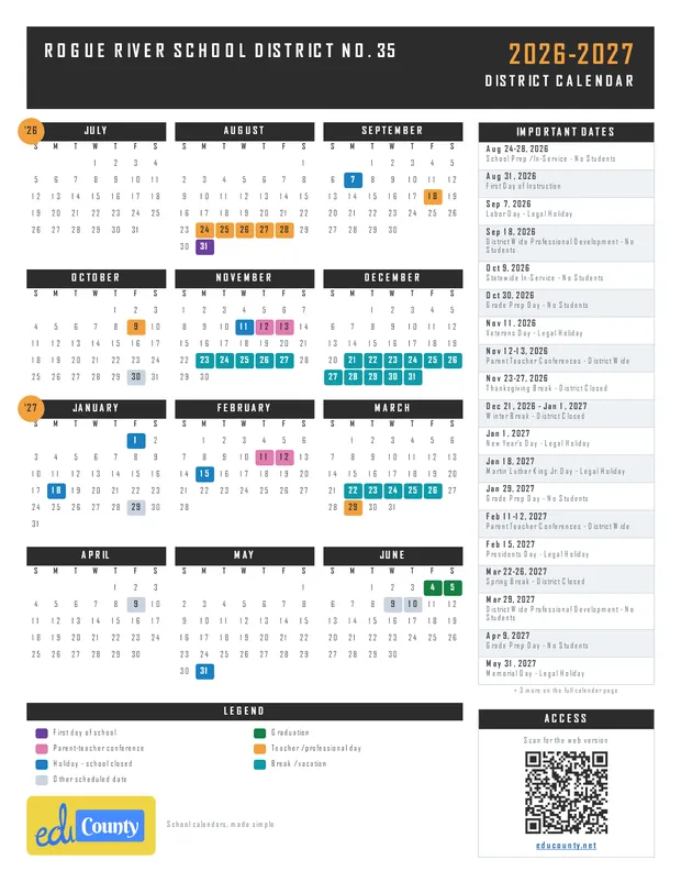 Rogue River School District No. 35 printable 2026-27 calendar