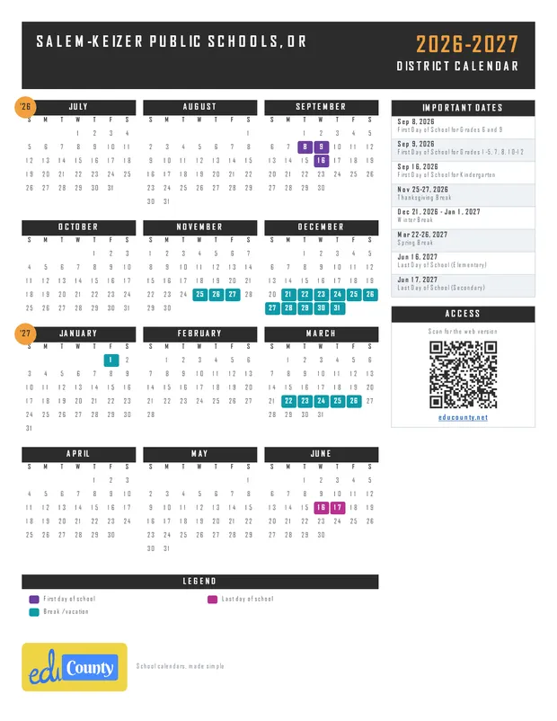 Salem-Keizer Public Schools printable 2026-27 calendar