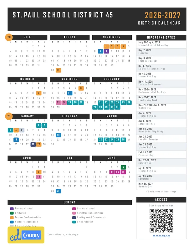 ST. PAUL School District 45 printable 2026-27 calendar
