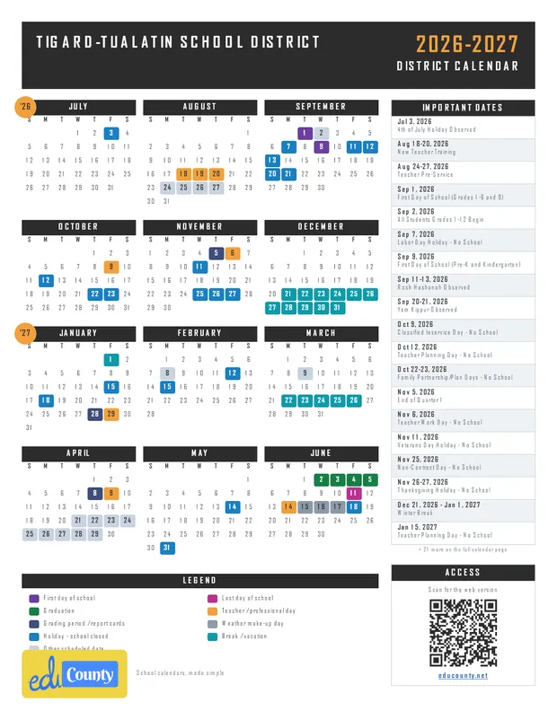 Tigard-Tualatin School District printable 2026-27 calendar