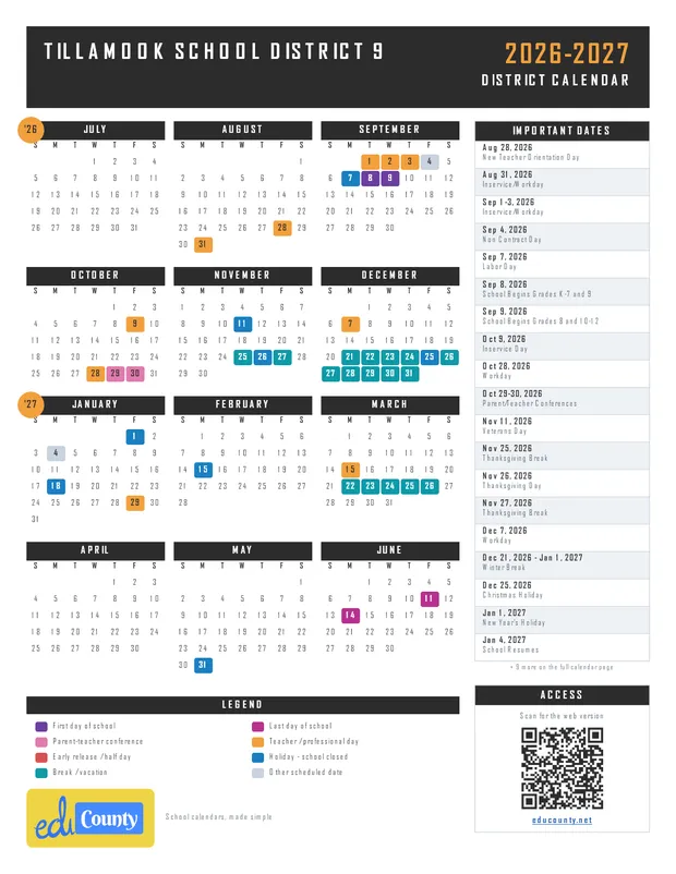 Tillamook School District 9 printable 2026-27 calendar