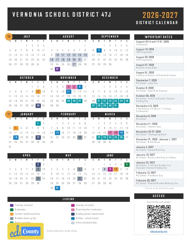 Vernonia School District 47J printable 2026-27 calendar