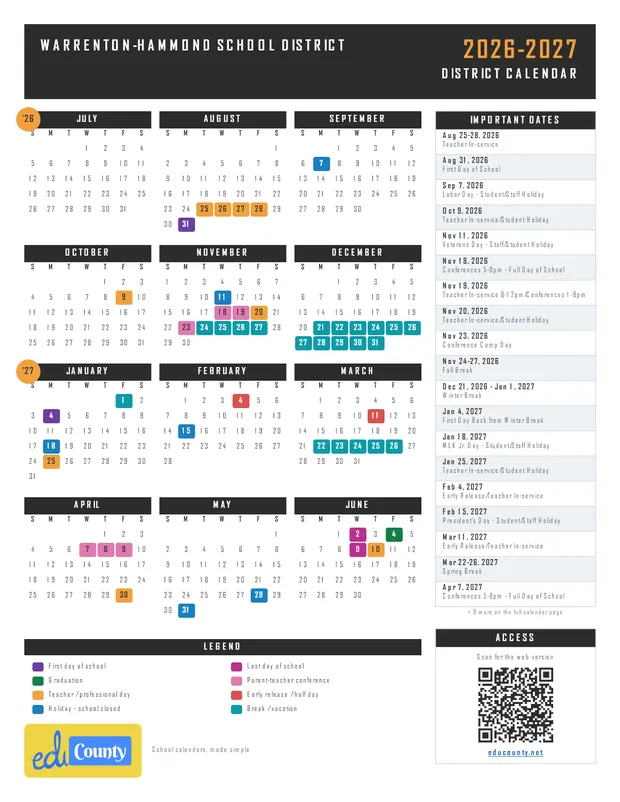 Warrenton-Hammond School District printable 2026-27 calendar