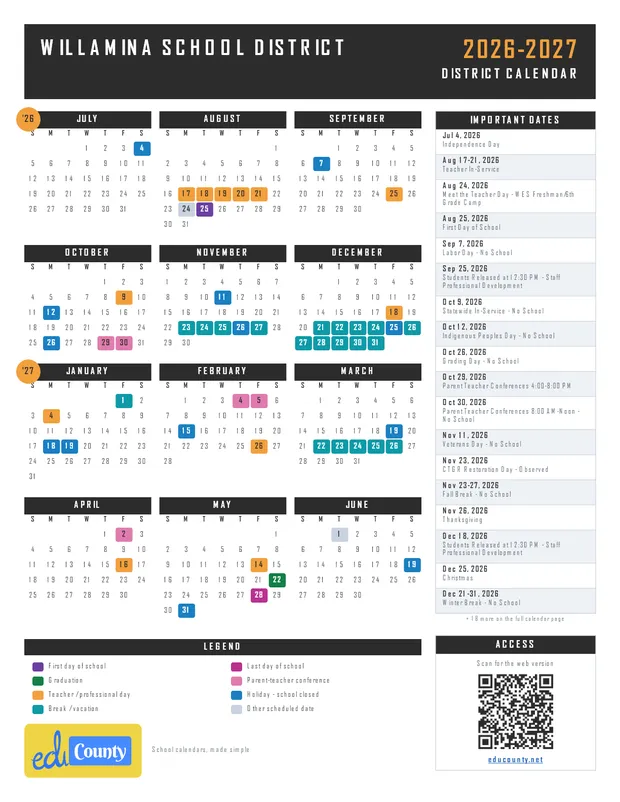 Willamina School District printable 2026-27 calendar