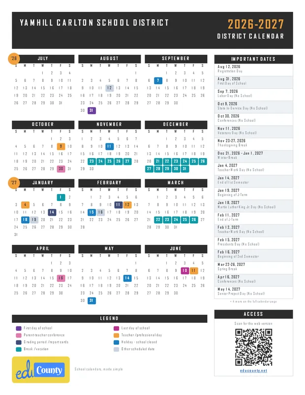 Yamhill Carlton School District printable 2026-27 calendar