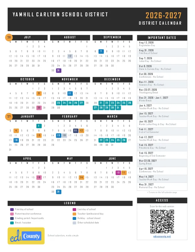 Yamhill Carlton School District printable 2026-27 calendar