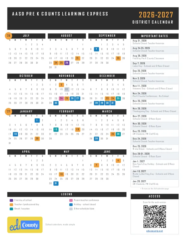 AASD Pre K Counts Learning Express printable 2026-27 calendar