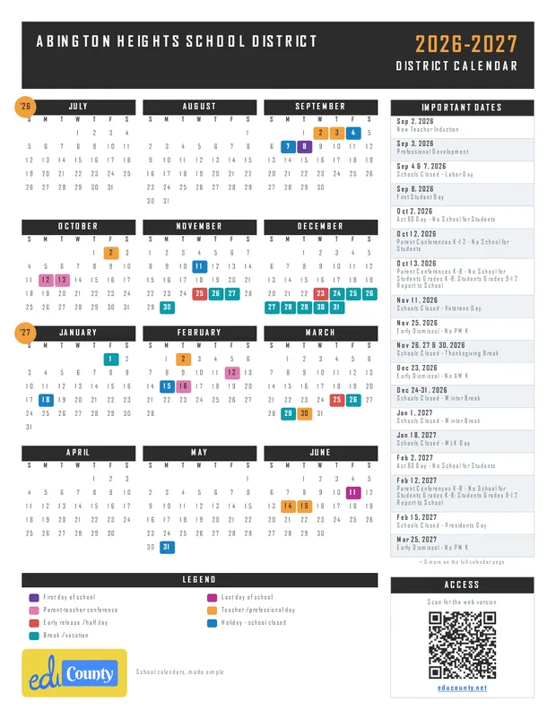 Abington Heights School District printable 2026-27 calendar