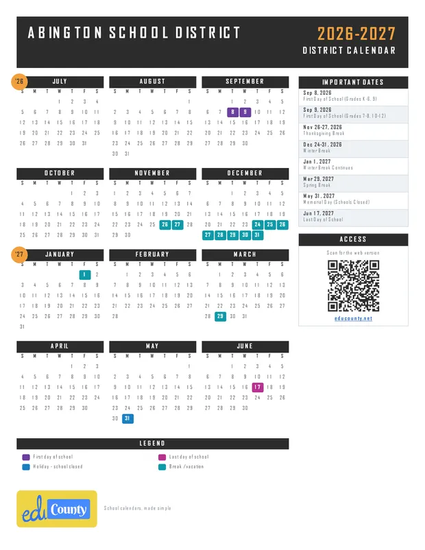 Abington School District printable 2026-27 calendar