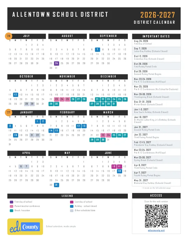 Allentown School District printable 2026-27 calendar
