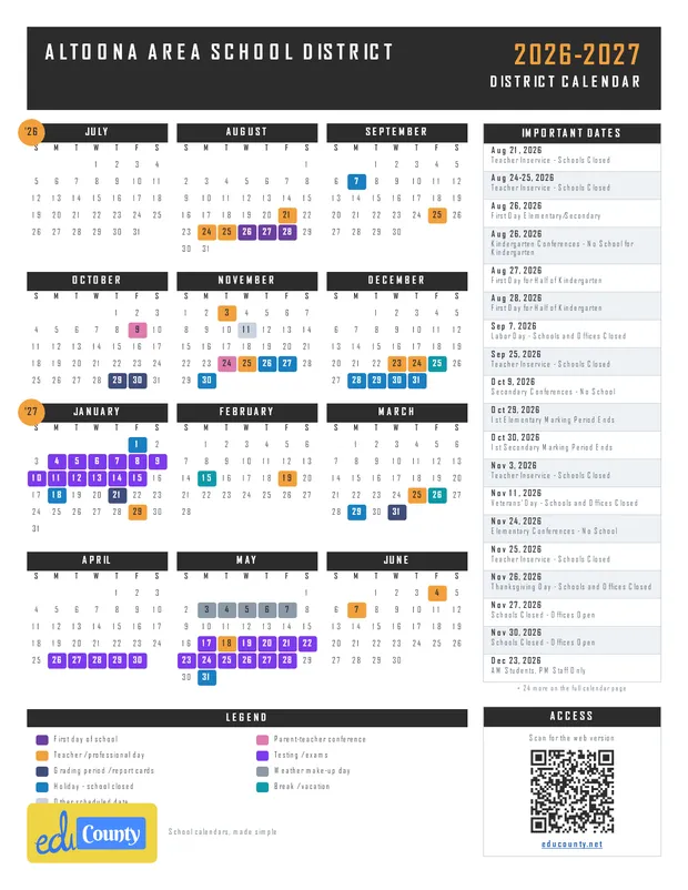 Altoona Area School District printable 2026-27 calendar