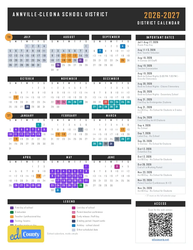 Annville-Cleona School District printable 2026-27 calendar