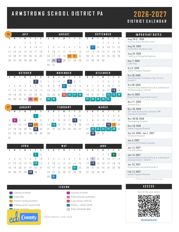 Armstrong School District printable 2026-27 calendar