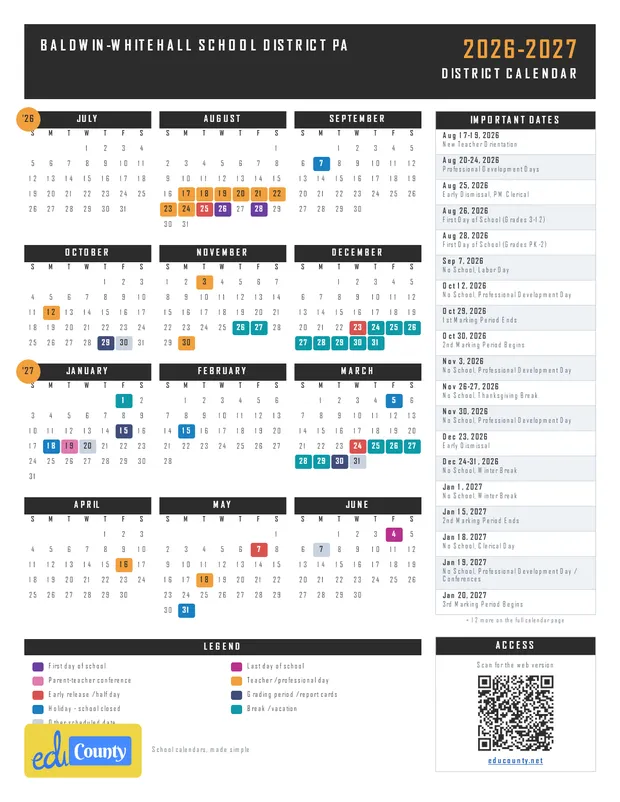 Baldwin-Whitehall School District printable 2026-27 calendar