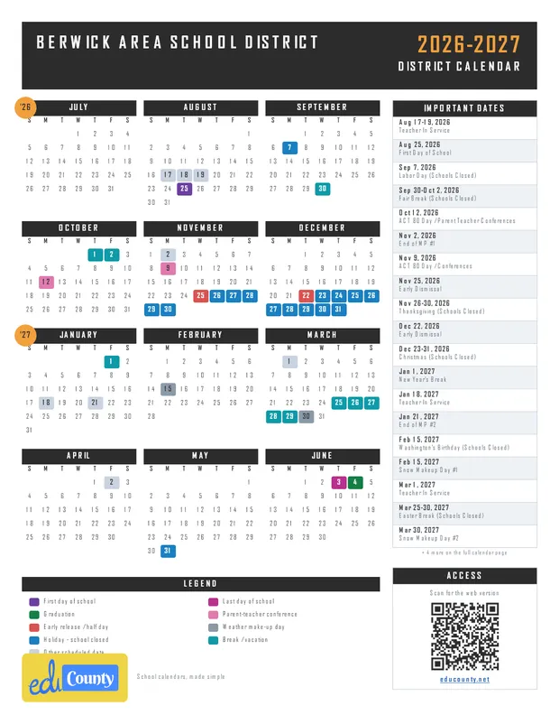 Berwick Area School District printable 2026-27 calendar