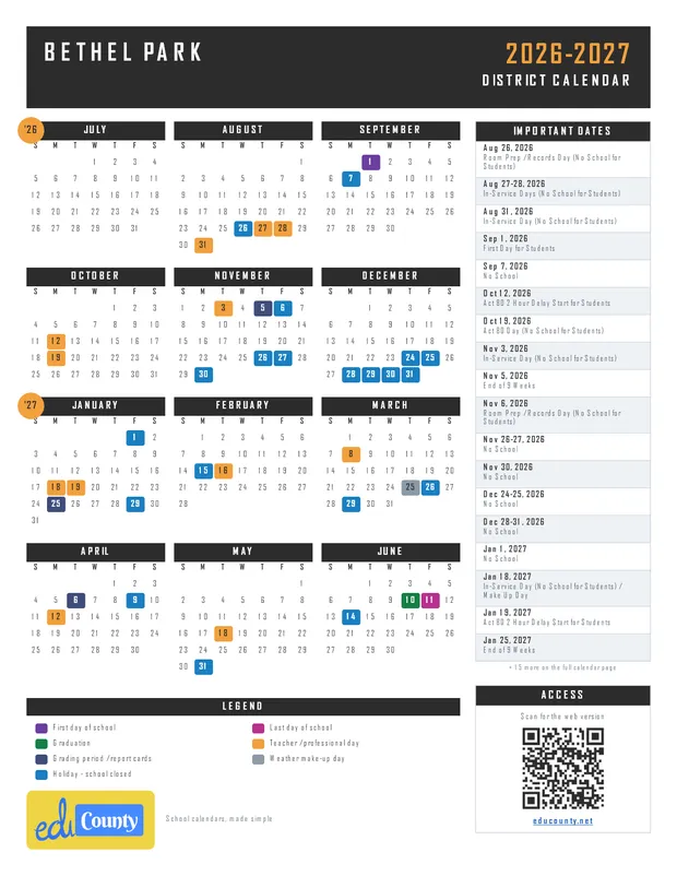 Bethel Park printable 2026-27 calendar