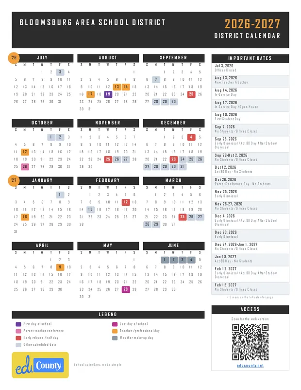 Bloomsburg Area School District printable 2026-27 calendar