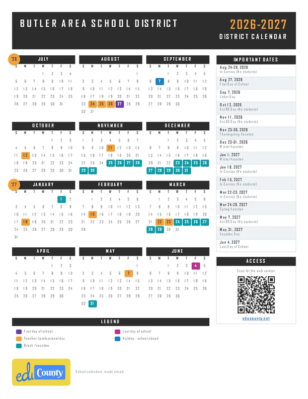 Butler Area School District printable 2026-27 calendar