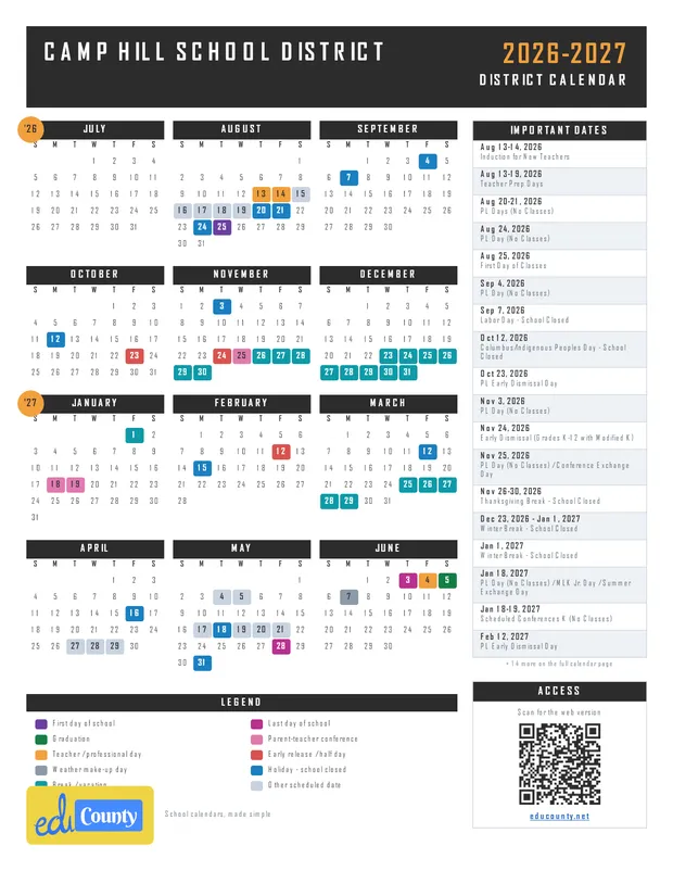 Camp Hill School District printable 2026-27 calendar