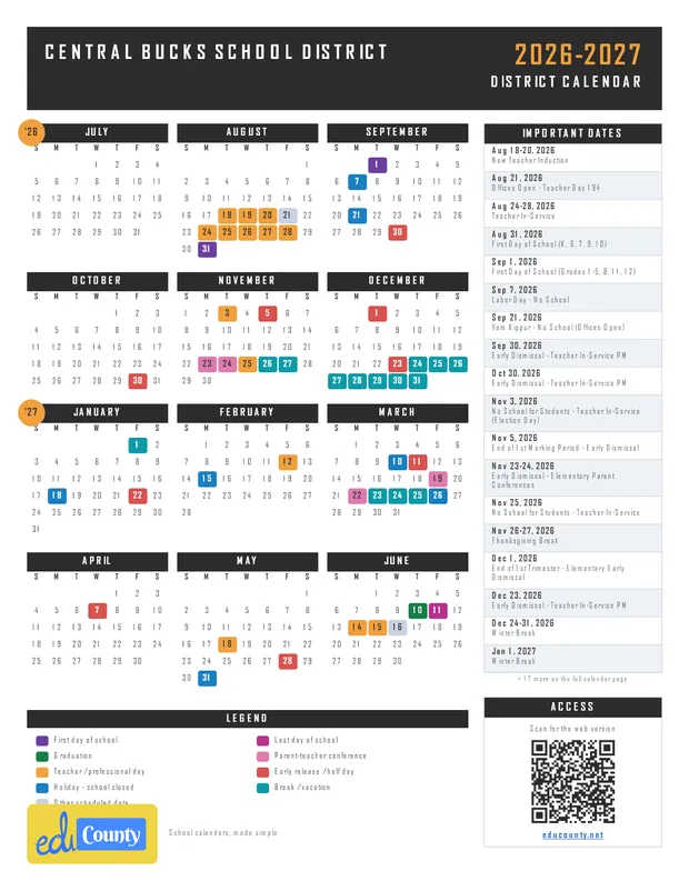 Central Bucks School District printable 2026-27 calendar