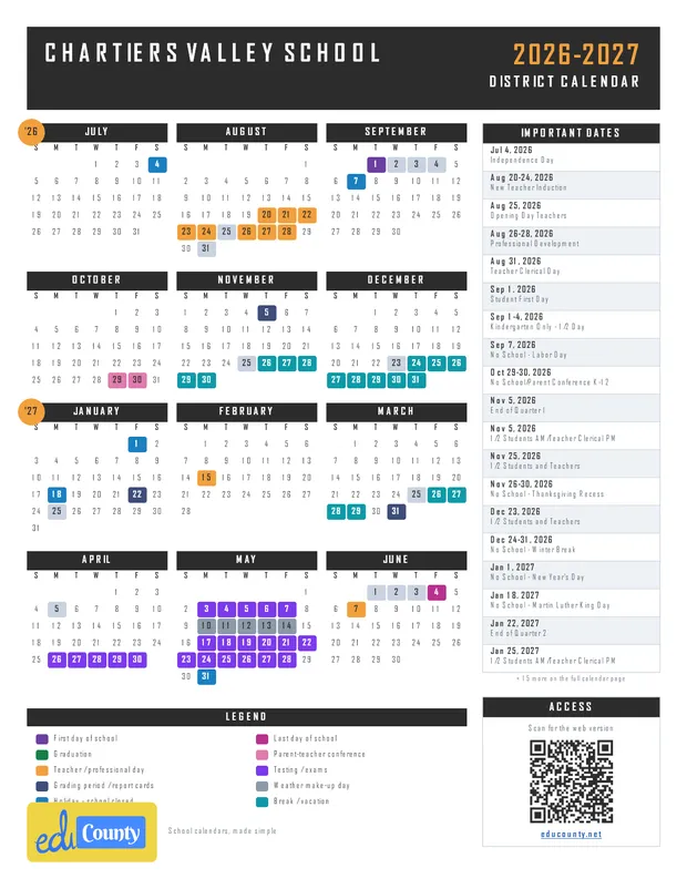 CHARTIERS VALLEY SCHOOL printable 2026-27 calendar