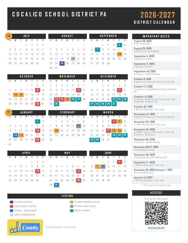 COCALICO SCHOOL DISTRICT printable 2026-27 calendar