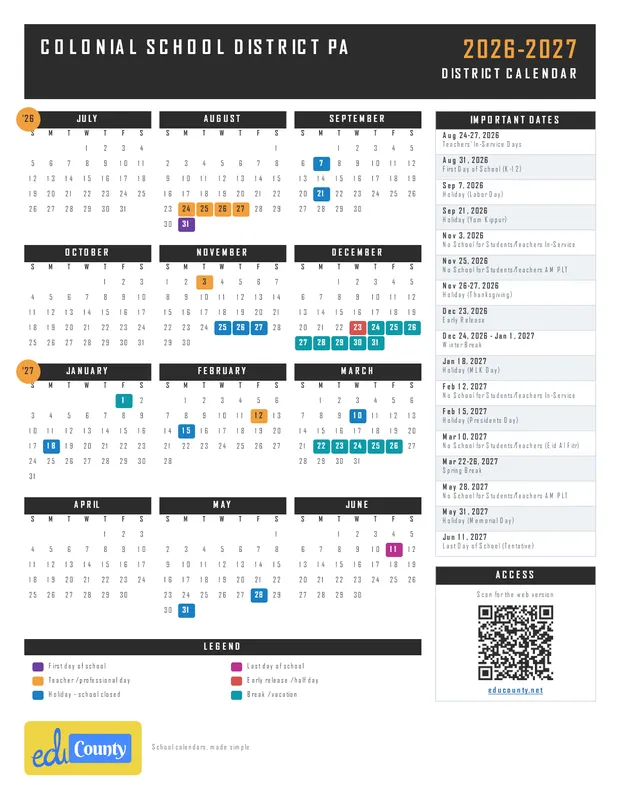 Colonial School District printable 2026-27 calendar