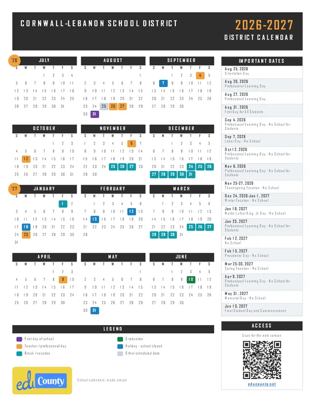 CORNWALL-LEBANON SCHOOL DISTRICT printable 2026-27 calendar