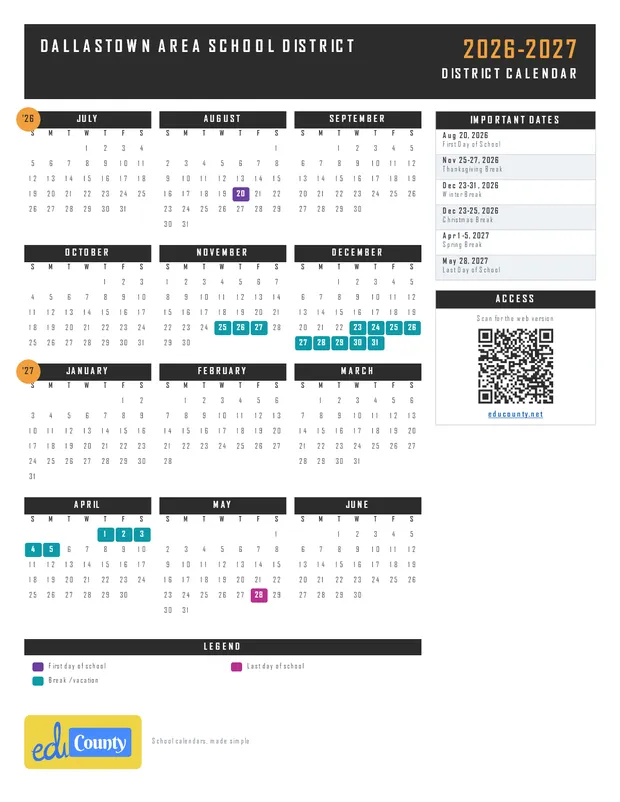 Dallastown Area School District printable 2026-27 calendar